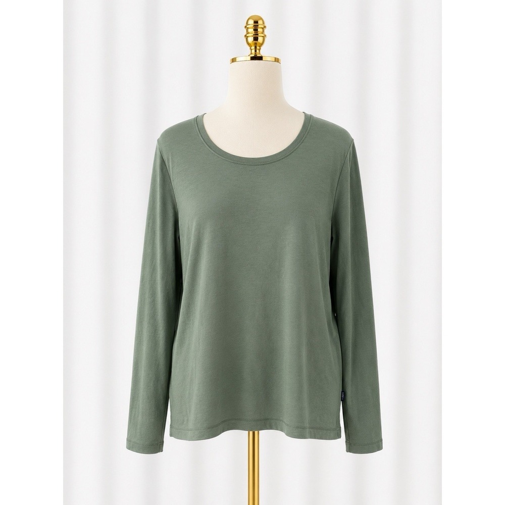 LL Bean Supima Cotton Peru Knit Tee T-Shirt Long Sleeve Green Size L Petite